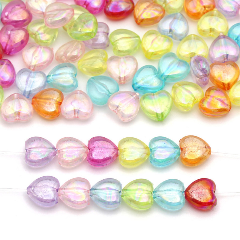 50 gab AB Krāsu Sirds Akrila Pērlītes Caurspīdīga Brīva Starplikas Pērlītes Rotaslietu Izgatavošanai Apģērbu Amatniecības piederumi 10mm*10mm