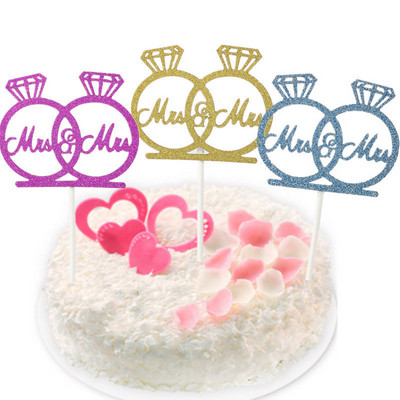 10pcs/lot Creative " Mrs & Mrs " Diamond ring design wedding cake inserted card Wedding Cake Topper Party Cake Decorations