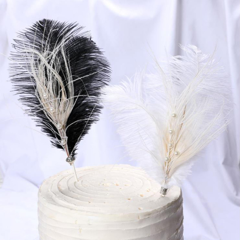 1Gb ceptu kūku veikals Skaists melnbalts pērļu spalvu spraudnis kāzu dzimšanas dienas ballītes saģērbt deserta dekors