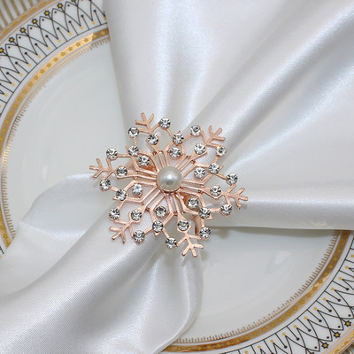 12Gb Sniegpārsliņu salvešu gredzeni Ziemassvētku salvešu gredzenu turētājs Rhinestone Pearl salvešu sprādze Ziemassvētku kāzu galda dekorēšanai