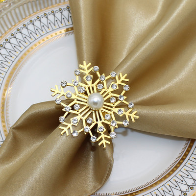 12Gb Sniegpārsliņu salvešu gredzeni Ziemassvētku salvešu gredzenu turētājs Rhinestone Pearl salvešu sprādze Ziemassvētku kāzu galda dekorēšanai