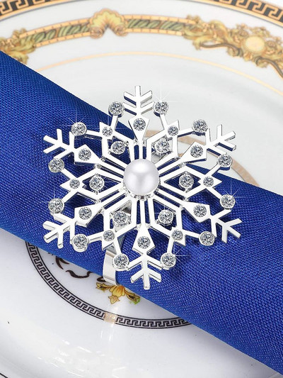 12Gb Sniegpārsliņu salvešu gredzeni Ziemassvētku salvešu gredzenu turētājs Rhinestone Pearl salvešu sprādze Ziemassvētku kāzu galda dekorēšanai