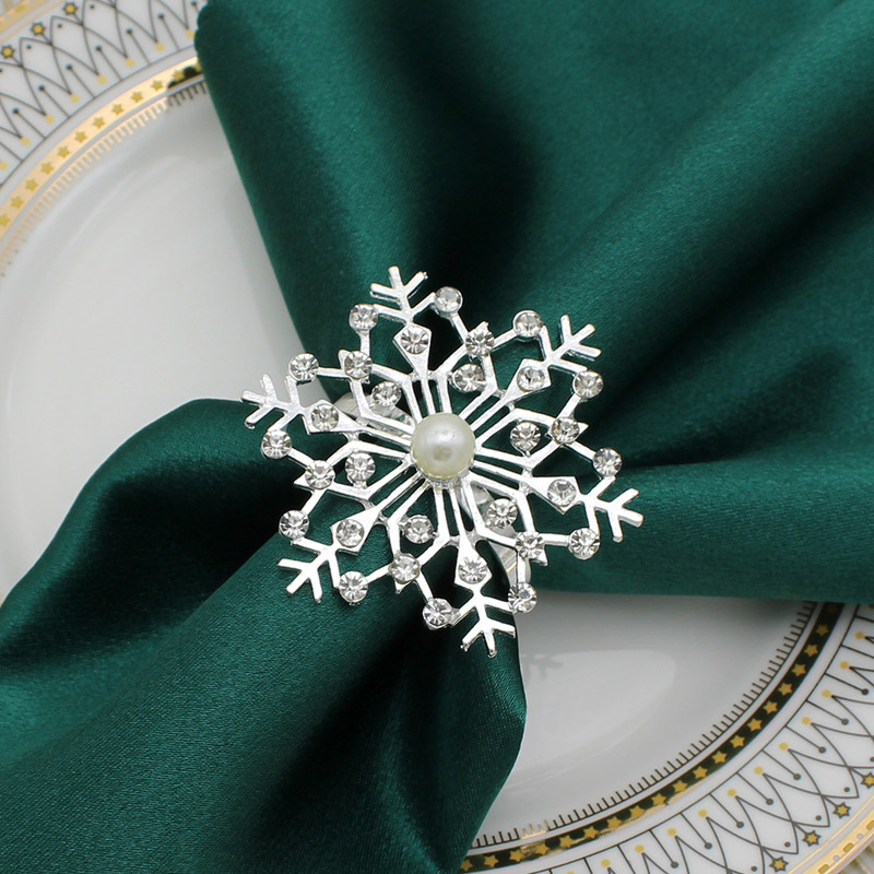 12Gb Sniegpārsliņu salvešu gredzeni Ziemassvētku salvešu gredzenu turētājs Rhinestone Pearl salvešu sprādze Ziemassvētku kāzu galda dekorēšanai