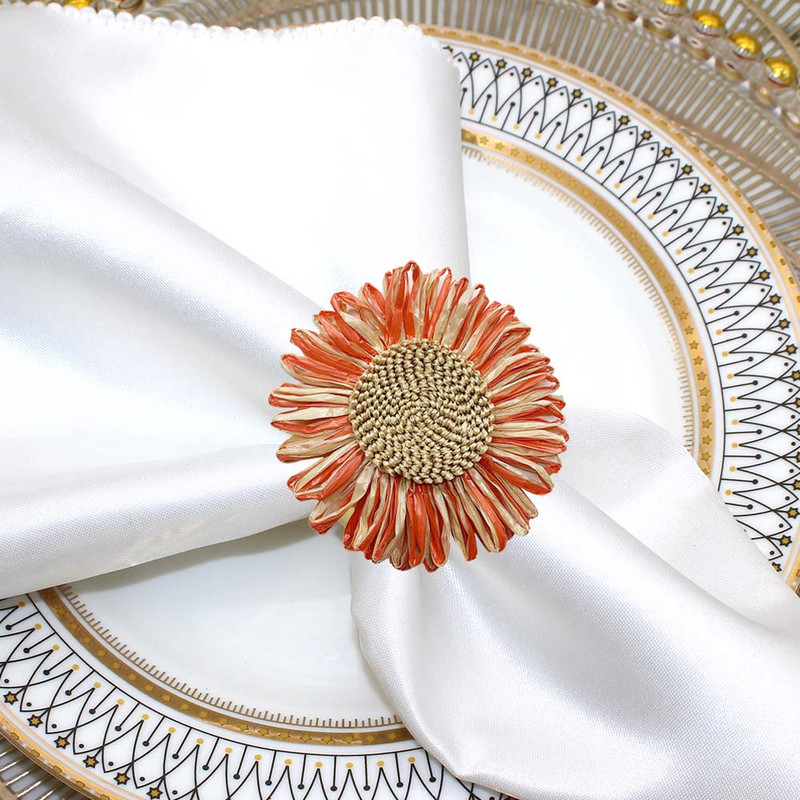 8GAB saulespuķu salvešu gredzens Raffia ar rokām darināts margrietiņu ziedu salvešu turētājs Valentīna kāzu Pateicības ballītes galda dekoram HWF77