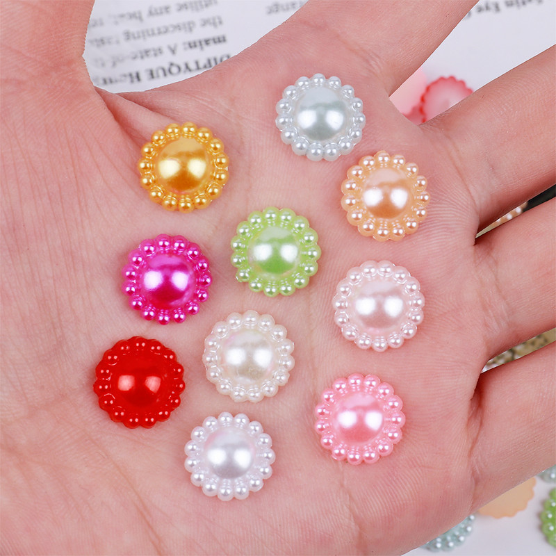 50gab. Saulespuķu formas plakans muguras krelles ABS pērļu pērlītes 13 mm Rhinestones DIY Amatniecībai Apģērba matu sprādzes rotājums G1134