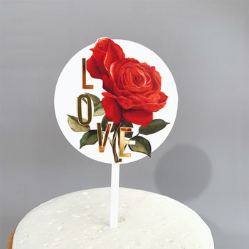 Нова сватбена торта Topper Love Rose Flowers Acrylic Cupcake Topper for Wedding Girls BirthdayParty Cake Decorations Baby Shower