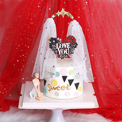 INS "LOVE YOU" Wediing Акрилен топер за торта Rose Flower Консумативи за торта за Свети Валентин за декорации на парти торта Wediing