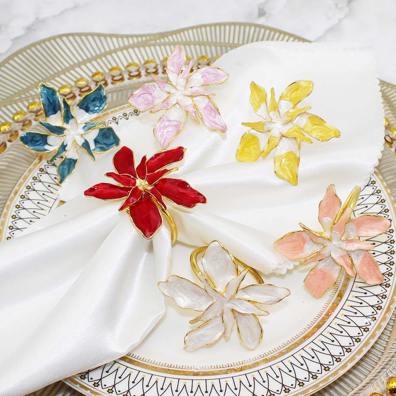 6Gb Jauns emaljas ziedu salvešu gredzenu turētājs Metāla salvešu sprādze kāzām Valentīna diena Jaunais gads Ziemassvētku rotājumi HWW234