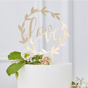 Love Wedding CakeTopper Акрилно златно сърце Прозрачен топер за кексчета за сватба Рожден ден ангажирани Консумативи за декорация на парти торта