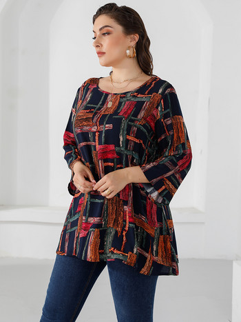 Γυναικεία μπλούζα 4XL 5XL Plus Size 2021 Φθινόπωρο με τρία τέταρτα μανίκια πολύχρωμη στάμπα Casual μακριά μπλούζα Φαρδιά υπερμεγέθη γυναικεία μπλουζάκια