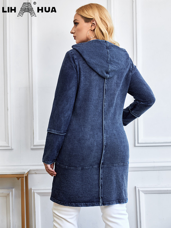 LIH HUA sieviešu lielizmēra džinsa jaka Rudens eleganta eleganta jaka apaļīgām sievietēm, kokvilnas kapuci, adāma gara stila jaka