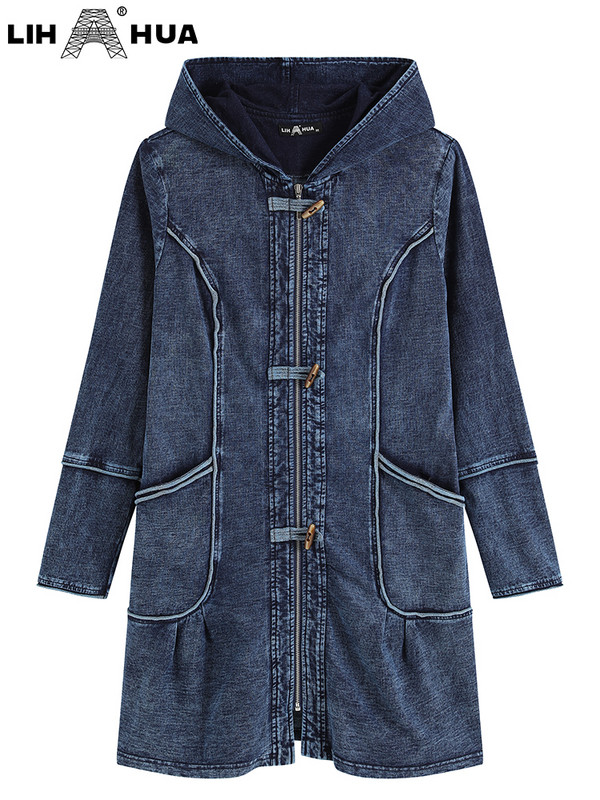 LIH HUA sieviešu lielizmēra džinsa jaka Rudens eleganta eleganta jaka apaļīgām sievietēm, kokvilnas kapuci, adāma gara stila jaka