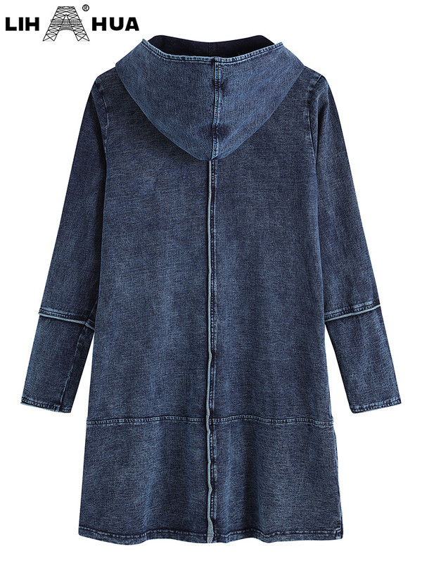 LIH HUA sieviešu lielizmēra džinsa jaka Rudens eleganta eleganta jaka apaļīgām sievietēm, kokvilnas kapuci, adāma gara stila jaka