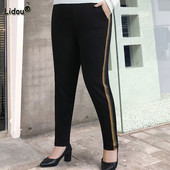 Ikdienišķas melnas taisnas bikses vintage kabatas, savilkšanas sānos Pnompeņas svītrainas elastīgas ar augstu vidukli pavasara rudens lielizmēra bikses