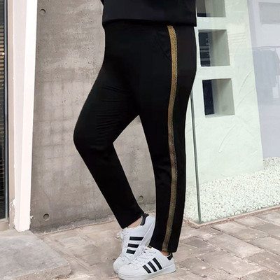 Ikdienišķas melnas taisnas bikses vintage kabatas, savilkšanas sānos Pnompeņas svītrainas elastīgas ar augstu vidukli pavasara rudens lielizmēra bikses