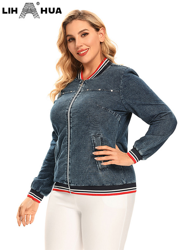 LIH HUA sieviešu lielizmēra džinsa jaka Rudens šiks eleganta jaka apaļīgām sievietēm apaļa kakla kokvilnas trikotāžas jaka