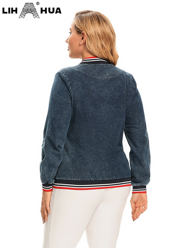 LIH HUA sieviešu lielizmēra džinsa jaka Rudens šiks eleganta jaka apaļīgām sievietēm apaļa kakla kokvilnas trikotāžas jaka