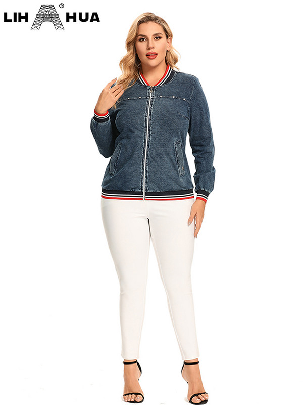 LIH HUA sieviešu lielizmēra džinsa jaka Rudens šiks eleganta jaka apaļīgām sievietēm apaļa kakla kokvilnas trikotāžas jaka