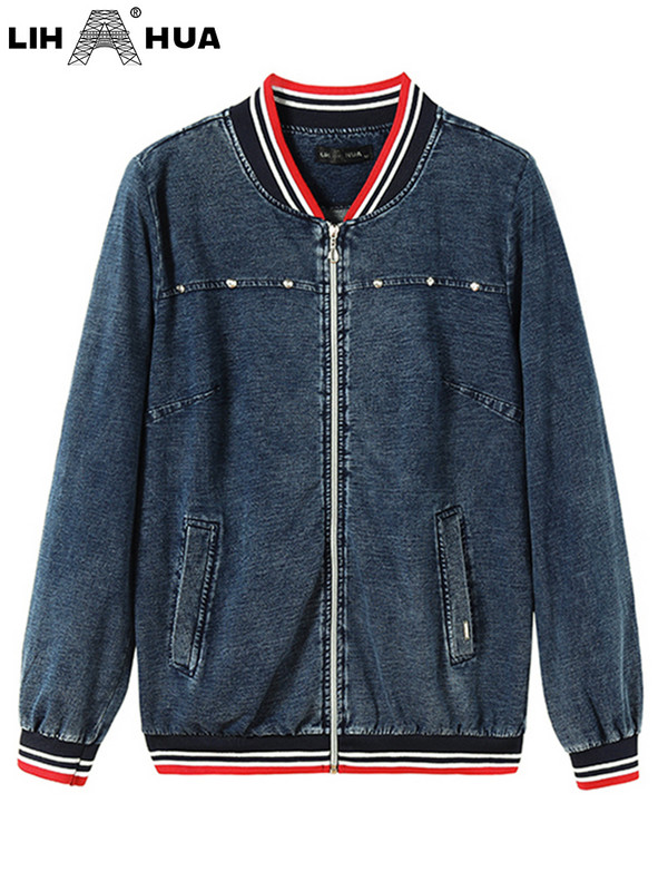 LIH HUA sieviešu lielizmēra džinsa jaka Rudens šiks eleganta jaka apaļīgām sievietēm apaļa kakla kokvilnas trikotāžas jaka