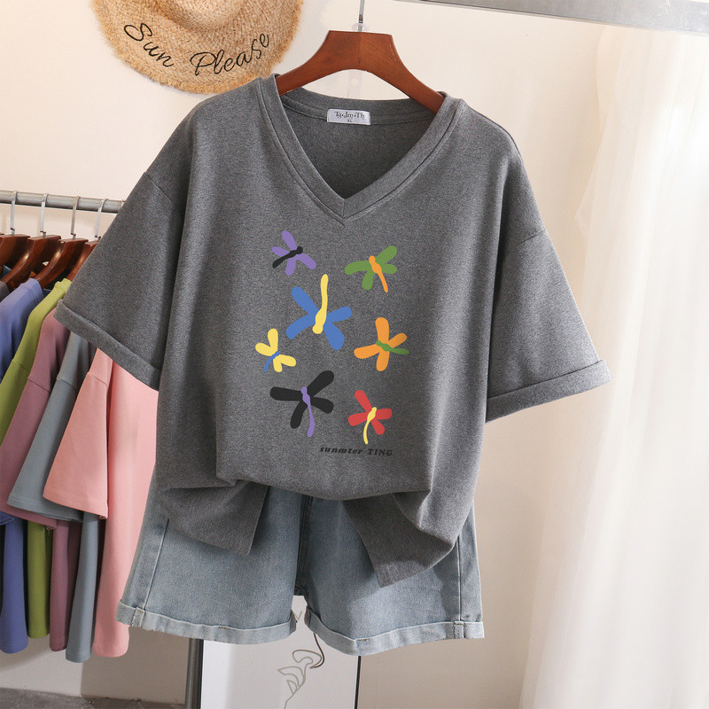 EBAIHUI 100% kokvilnas L-5XL T krekls Lielizmēra T krekls ar īsām piedurknēm karikatūra sievietēm Top Summer Sweet Couple V kakla lielizmēra T krekli