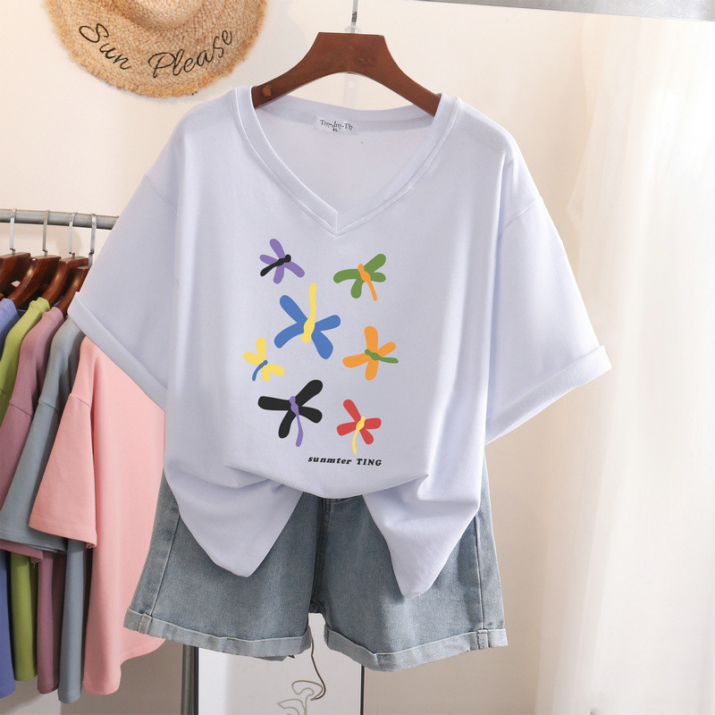 EBAIHUI 100% kokvilnas L-5XL T krekls Lielizmēra T krekls ar īsām piedurknēm karikatūra sievietēm Top Summer Sweet Couple V kakla lielizmēra T krekli