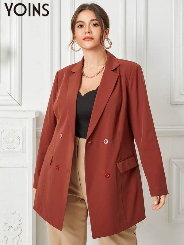 YOINS 2023. gada rudens sievietēm lielizmēra žakete Modes divrindu atloka apkakle, cieta virsdrēbju jakas ar garām piedurknēm, modes topi