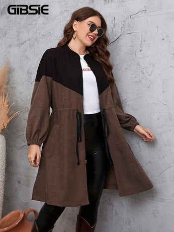 GIBSIE Plus Size Stand γιακάς Colorblock Κοτλέ Γυναικείο φθινοπωρινό τζάκετ με φερμουάρ στη μέση με κορδόνι για γυναίκες 2022