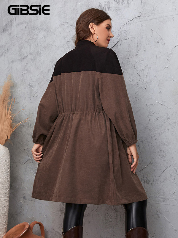 GIBSIE liela izmēra statīvs apkakle Colorblock velveta jaka sievietēm rudens ikdienišķa aukliņa viduklis ar rāvējslēdzēju augšup mētelis sieviešu virsdrēbes 2022