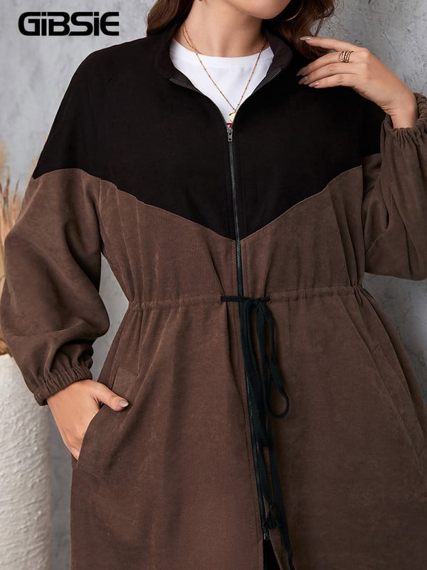 GIBSIE liela izmēra statīvs apkakle Colorblock velveta jaka sievietēm rudens ikdienišķa aukliņa viduklis ar rāvējslēdzēju augšup mētelis sieviešu virsdrēbes 2022