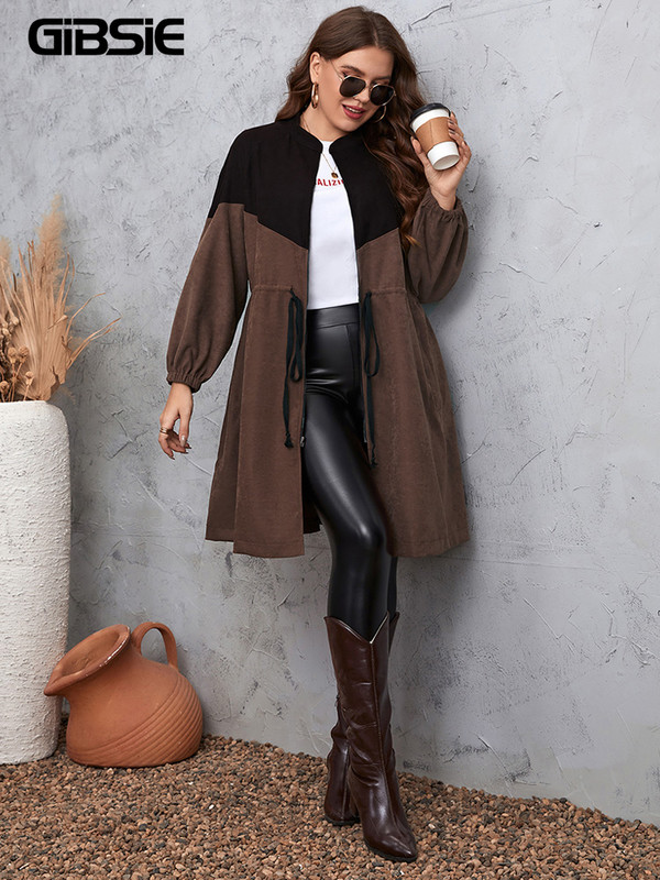 GIBSIE liela izmēra statīvs apkakle Colorblock velveta jaka sievietēm rudens ikdienišķa aukliņa viduklis ar rāvējslēdzēju augšup mētelis sieviešu virsdrēbes 2022