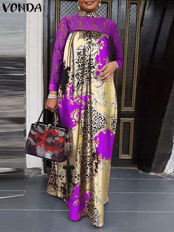 Liela izmēra 5XL VONDA pavasara vakara ballīšu kleita 2023. gada vintage statīvs apkakle ar garām piedurknēm Maxi Vestidos ar mežģīnēm apdrukātu Bohēmijas halātu