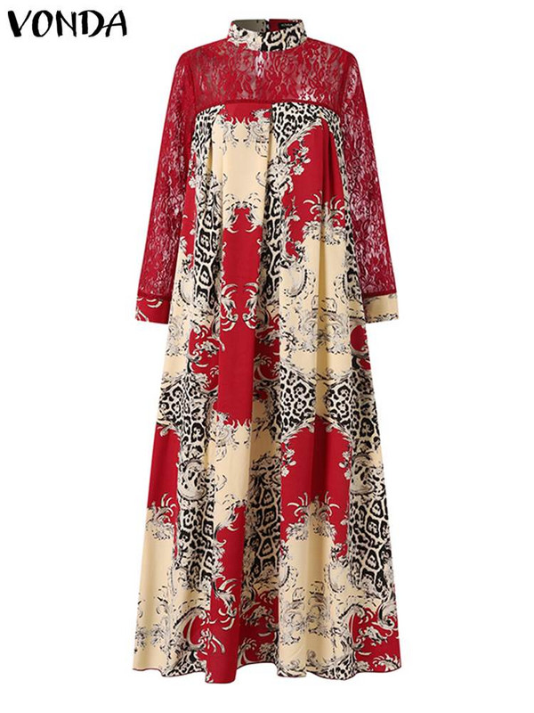 Liela izmēra 5XL VONDA pavasara vakara ballīšu kleita 2023. gada vintage statīvs apkakle ar garām piedurknēm Maxi Vestidos ar mežģīnēm apdrukātu Bohēmijas halātu