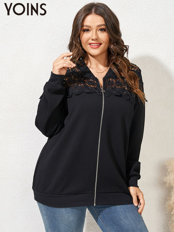 YOINS 2023. gada rudens pavasara sieviešu jakas lielizmēra plāns mētelis, seksīgs mežģīņu blusas ar rāvējslēdzēju garām piedurknēm, ikdienas topi, melni virsdrēbes