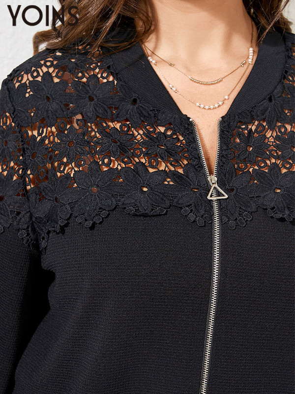 YOINS 2023. gada rudens pavasara sieviešu jakas lielizmēra plāns mētelis, seksīgs mežģīņu blusas ar rāvējslēdzēju garām piedurknēm, ikdienas topi, melni virsdrēbes