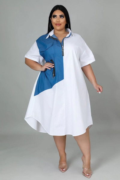 CM.YAYA liela izmēra sieviešu raibs rāvējslēdzējs, nolaižams kakls, brīvs A-līnijas kreklu stila kleita Eleganta 2022. gada vasaras modes kleitas