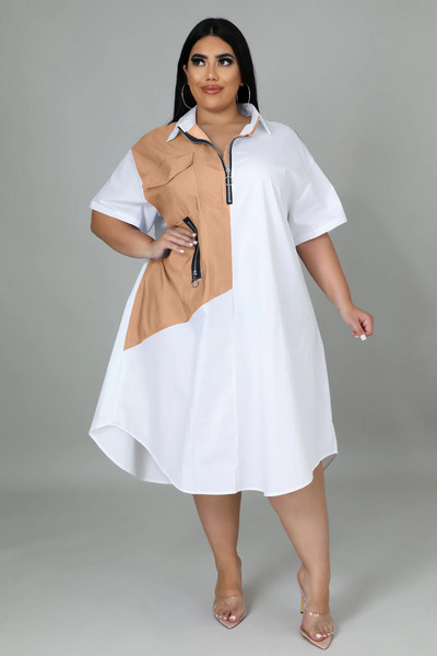 CM.YAYA liela izmēra sieviešu raibs rāvējslēdzējs, nolaižams kakls, brīvs A-līnijas kreklu stila kleita Eleganta 2022. gada vasaras modes kleitas