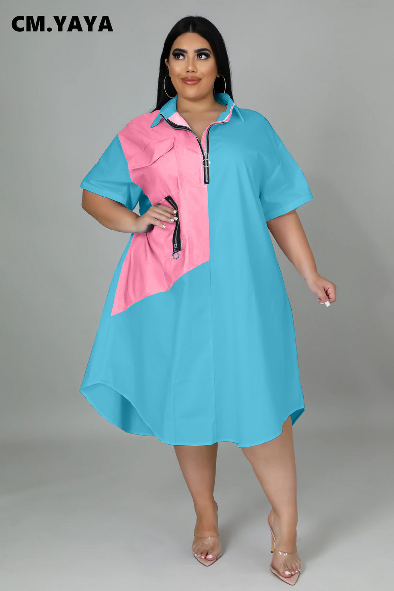 CM.YAYA liela izmēra sieviešu raibs rāvējslēdzējs, nolaižams kakls, brīvs A-līnijas kreklu stila kleita Eleganta 2022. gada vasaras modes kleitas