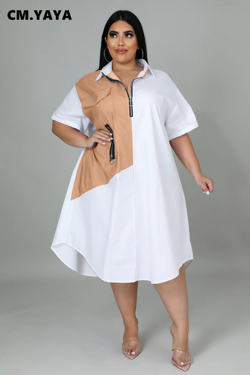 CM.YAYA liela izmēra sieviešu raibs rāvējslēdzējs, nolaižams kakls, brīvs A-līnijas kreklu stila kleita Eleganta 2022. gada vasaras modes kleitas