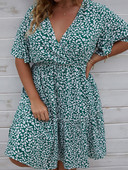 Liela izmēra kleita sievietei, 2022. gada modes vasaras V kakla izgriezums ar īsām piedurknēm ar ziedu apdruku ikdienas kleita ar augstu vidukli, īsas mini pludmales kleitas