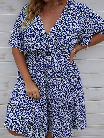 Liela izmēra kleita sievietei, 2022. gada modes vasaras V kakla izgriezums ar īsām piedurknēm ar ziedu apdruku ikdienas kleita ar augstu vidukli, īsas mini pludmales kleitas