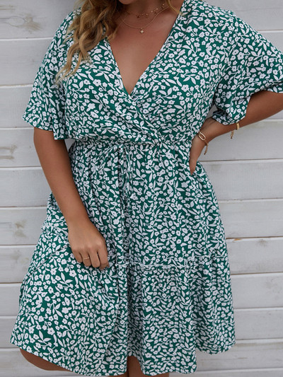 Liela izmēra kleita sievietei, 2022. gada modes vasaras V kakla izgriezums ar īsām piedurknēm ar ziedu apdruku ikdienas kleita ar augstu vidukli, īsas mini pludmales kleitas