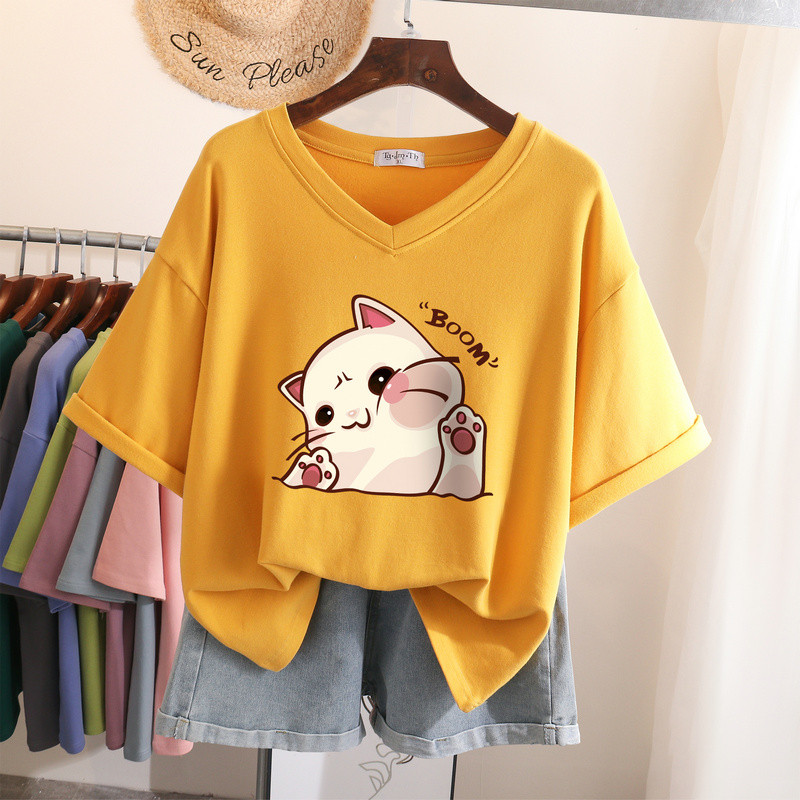 EBAIHUI 100% kokvilnas L-6XL T krekls Liela izmēra krekls ar īsām piedurknēm sieviešu tops vasaras karikatūru apdrukas pāri V kakla lielizmēra T krekli