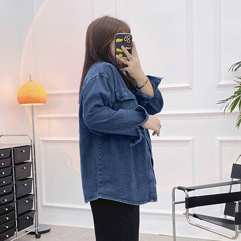 Modes korejiešu nolaižama apkakle ar dubultām kabatām garām piedurknēm brīva blūze ar vienrindu Lazy Vintage liela izmēra zils džinsa krekls