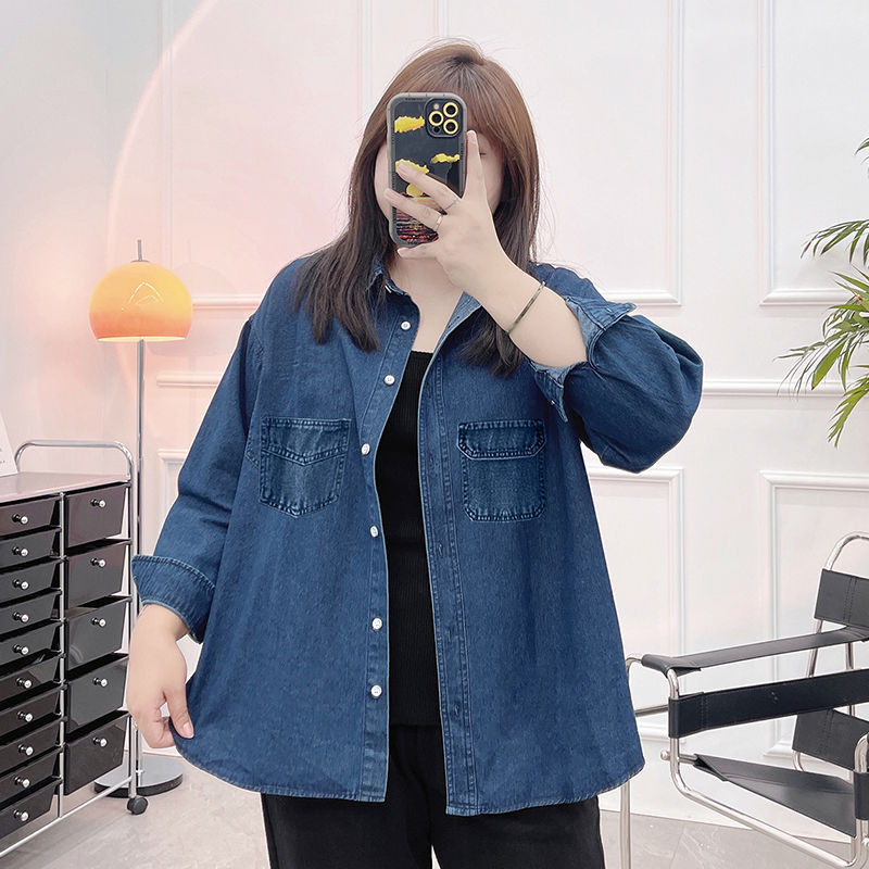 Modes korejiešu nolaižama apkakle ar dubultām kabatām garām piedurknēm brīva blūze ar vienrindu Lazy Vintage liela izmēra zils džinsa krekls