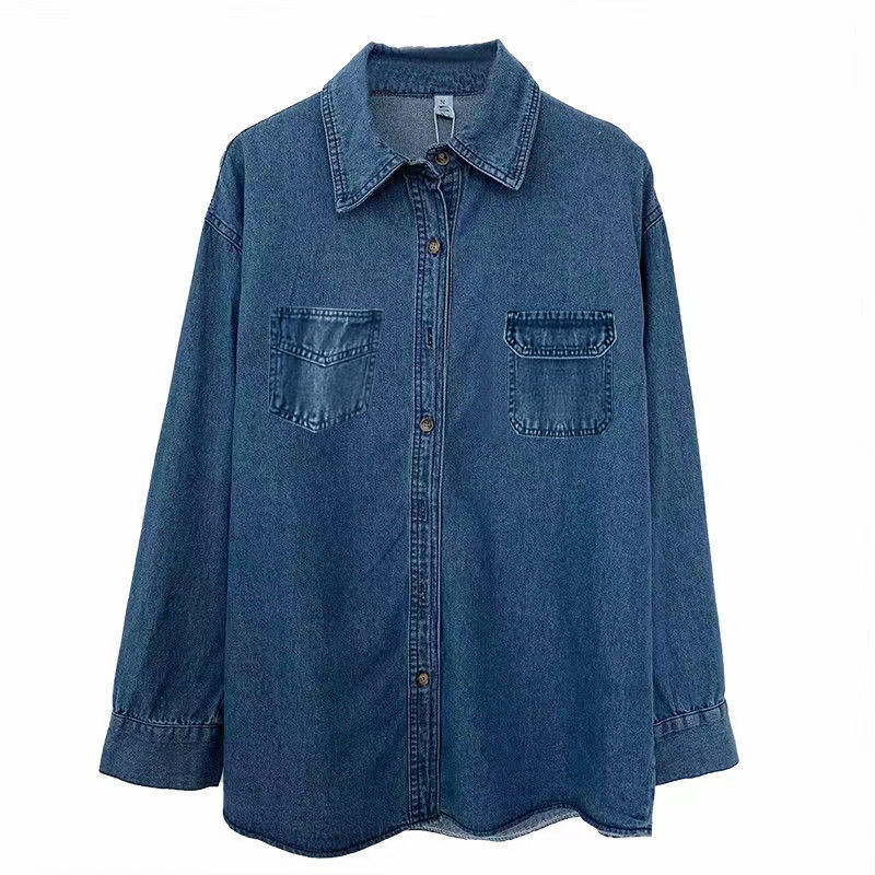 Modes korejiešu nolaižama apkakle ar dubultām kabatām garām piedurknēm brīva blūze ar vienrindu Lazy Vintage liela izmēra zils džinsa krekls
