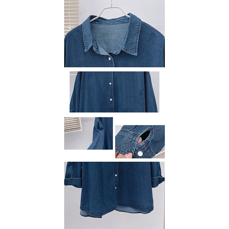 Modes korejiešu nolaižama apkakle ar dubultām kabatām garām piedurknēm brīva blūze ar vienrindu Lazy Vintage liela izmēra zils džinsa krekls