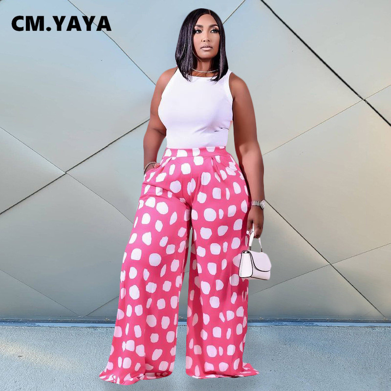 CM.YAYA sieviešu lielizmēra bikses ar apdruku vidus vidukļa vidū, brīvas, platas garas, lielas bikses Modes High Streetwear vasaras bikses 2021