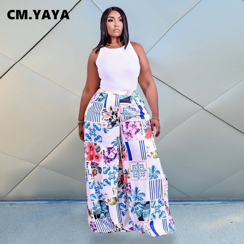 CM.YAYA sieviešu lielizmēra bikses ar apdruku vidus vidukļa vidū, brīvas, platas garas, lielas bikses Modes High Streetwear vasaras bikses 2021
