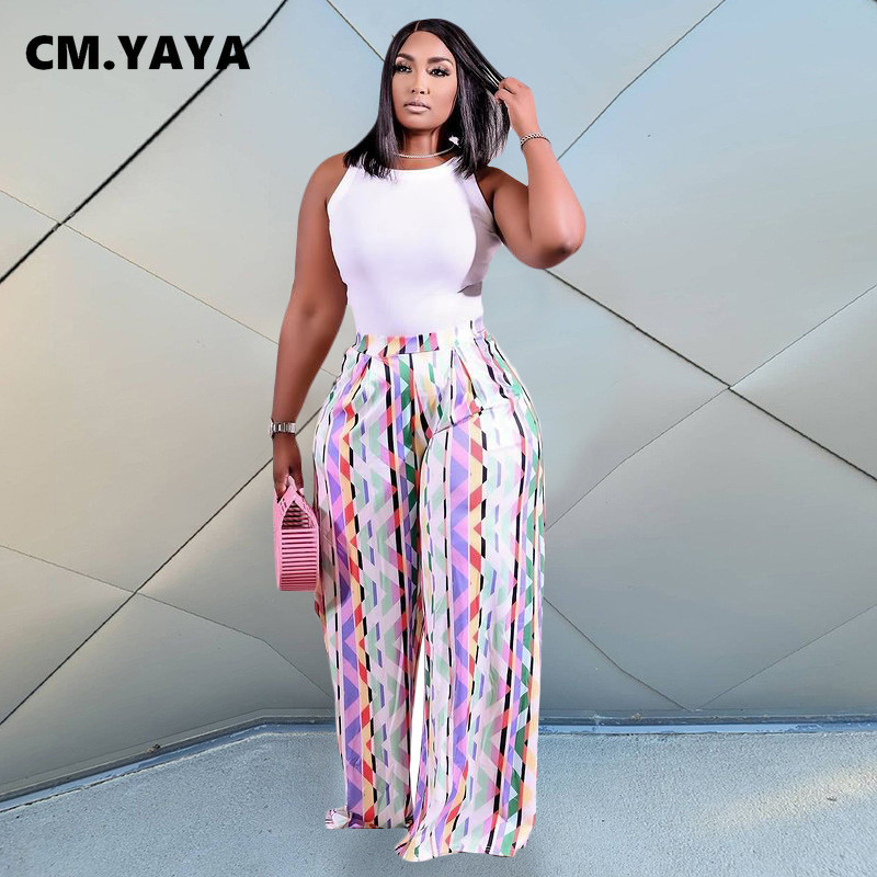 CM.YAYA sieviešu lielizmēra bikses ar apdruku vidus vidukļa vidū, brīvas, platas garas, lielas bikses Modes High Streetwear vasaras bikses 2021