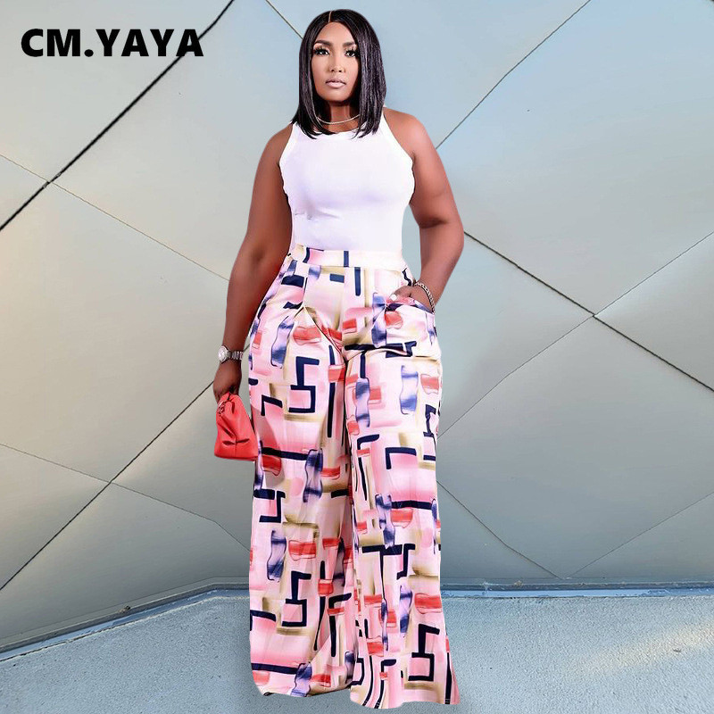 CM.YAYA sieviešu lielizmēra bikses ar apdruku vidus vidukļa vidū, brīvas, platas garas, lielas bikses Modes High Streetwear vasaras bikses 2021